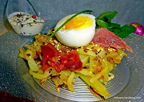 PÂQUES - Nids de pommes de terre /jambon fumé de Savoie, aux oeufs durs avec une crème ciboulette