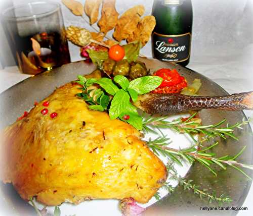 Pintade de ferme rôtie, farcie sous peau au foie gras accompagnée de choux de Bruxelles
