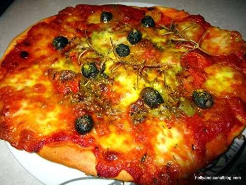 Pizza provençale aux poivrons, tomates, olives, mozzarella, parmesan, curcuma et herbes de Provence