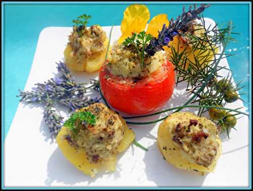 POMMES DE TERRE ET TOMATES FARCIES A LA TERRINE DE CANARD