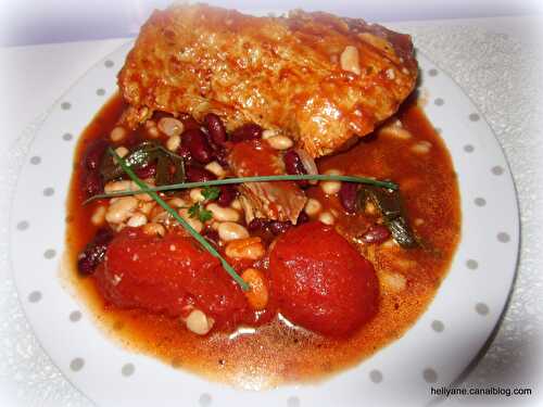 Rouelle de porc aux haricots "rouges et blancs" - chorizo, à la sauce tomate + bière gingembre