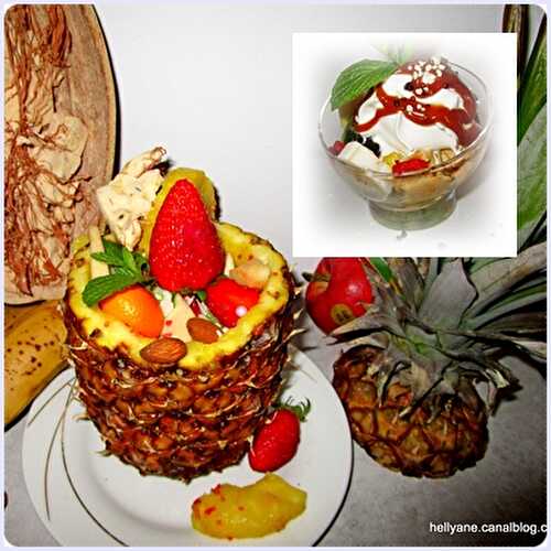 Salade de fruits ananas/baies de goji/bananes/pommes/fraises/kiwis, poudre de baobab, au caramel