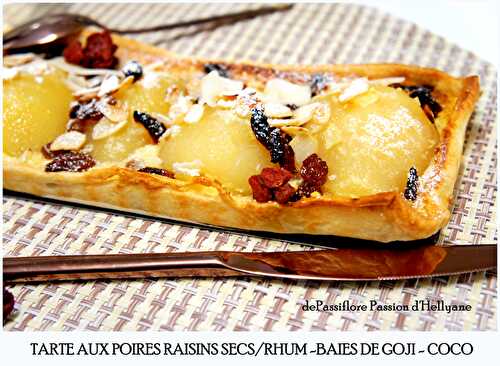 Tarte aux poires/raisins secs au rhum et baies de goji + amande/coco