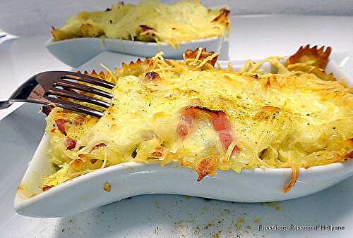 Gratin de pâtes aux lardons et aux fromages reblochon - emmental