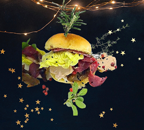 Apéritif de fêtes : mini burger brioché foie gras/ confit d'oignons ail noir / magret de canard