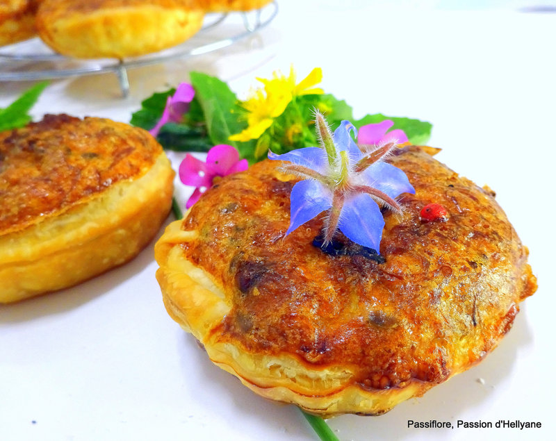 Mini quiches feuilletées aux rillettes de poulet, paprika.