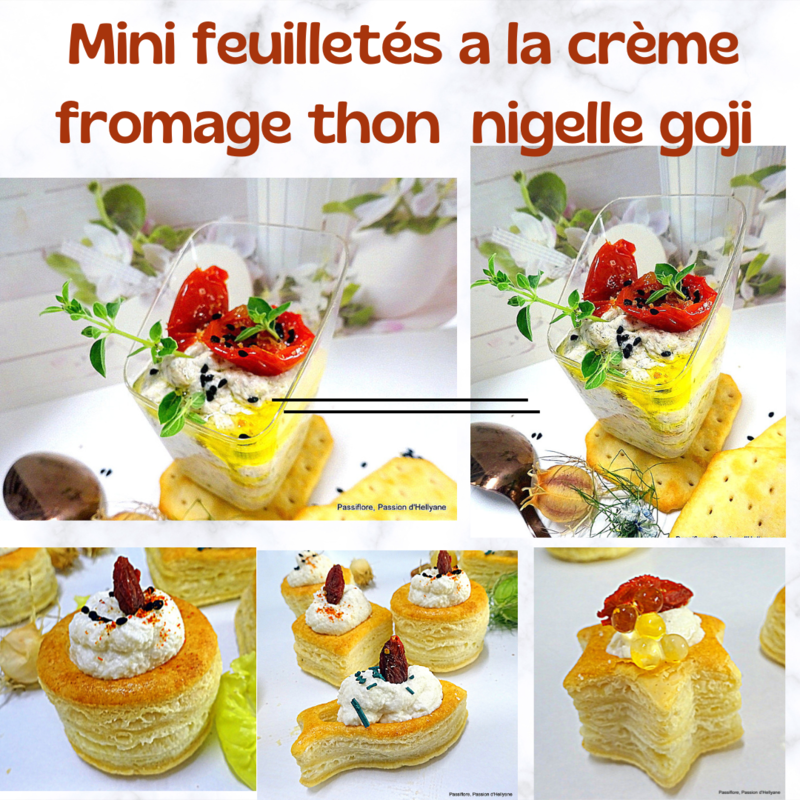 Mini bouchées: feuilletées à la crème fromage thon avec des graines de nigelles , tomates confites et baies de goji