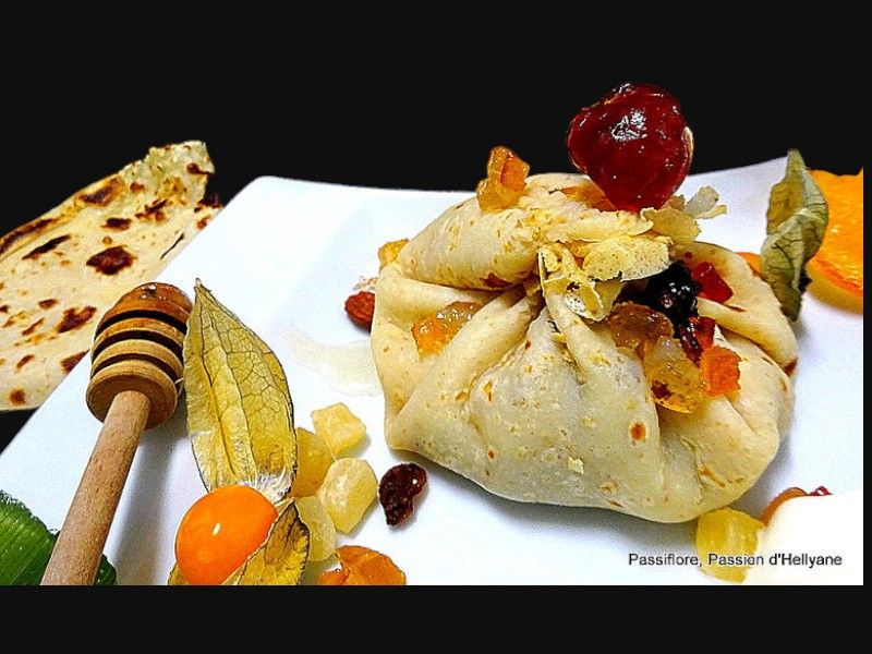 Bourses / aumônières crêpes aux pommes et fruits confits