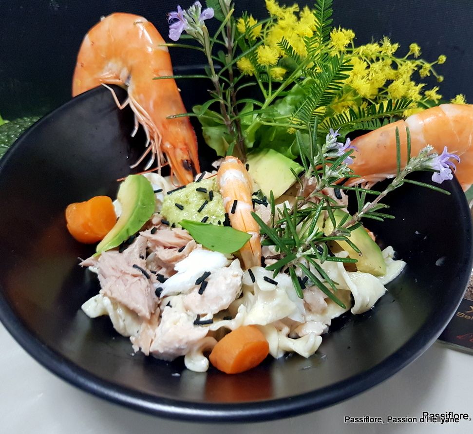 Recette - Queue de lotte / légumes / crevettes / mayonnaise avocat /spiruline