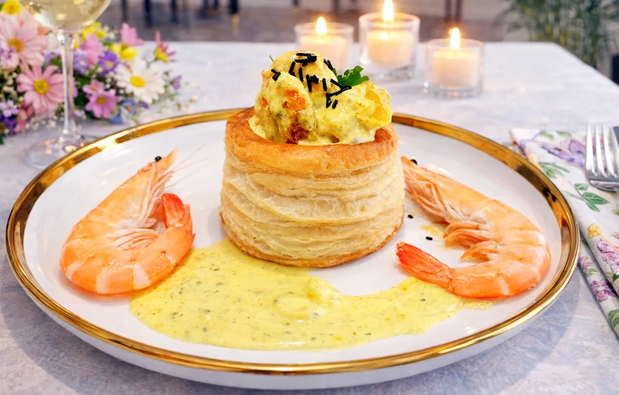 Bouchée VOL AU VENT au Colombo de crevettes roses au lait de coco / riz/spiruline