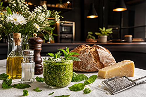 Recette PESTO MENTHE , huile d'olive, parmesan, échalotes.