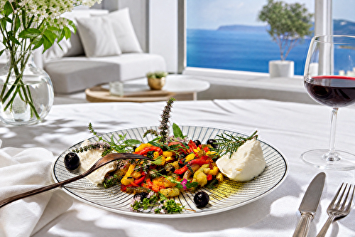 Salade froide aux poivrons cuits, tomates, oignons, olives noires, herbes de Provence et mozzarella 