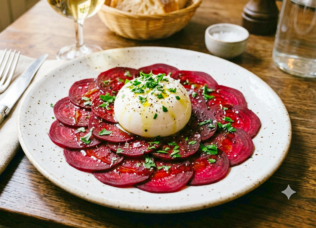 Carpaccio de betteraves cuites ou crues à l'huile d'olive, burrata et au persil