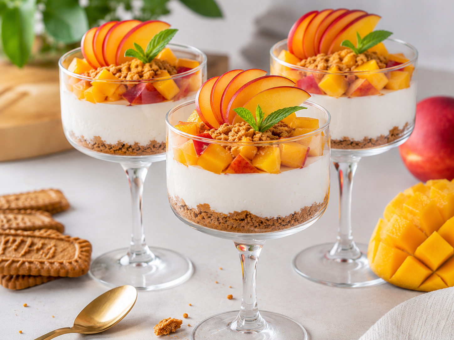 Dessert gourmand spéculoos, mousse de yaourt, mangue & nectarine et Ashwagandha Bio