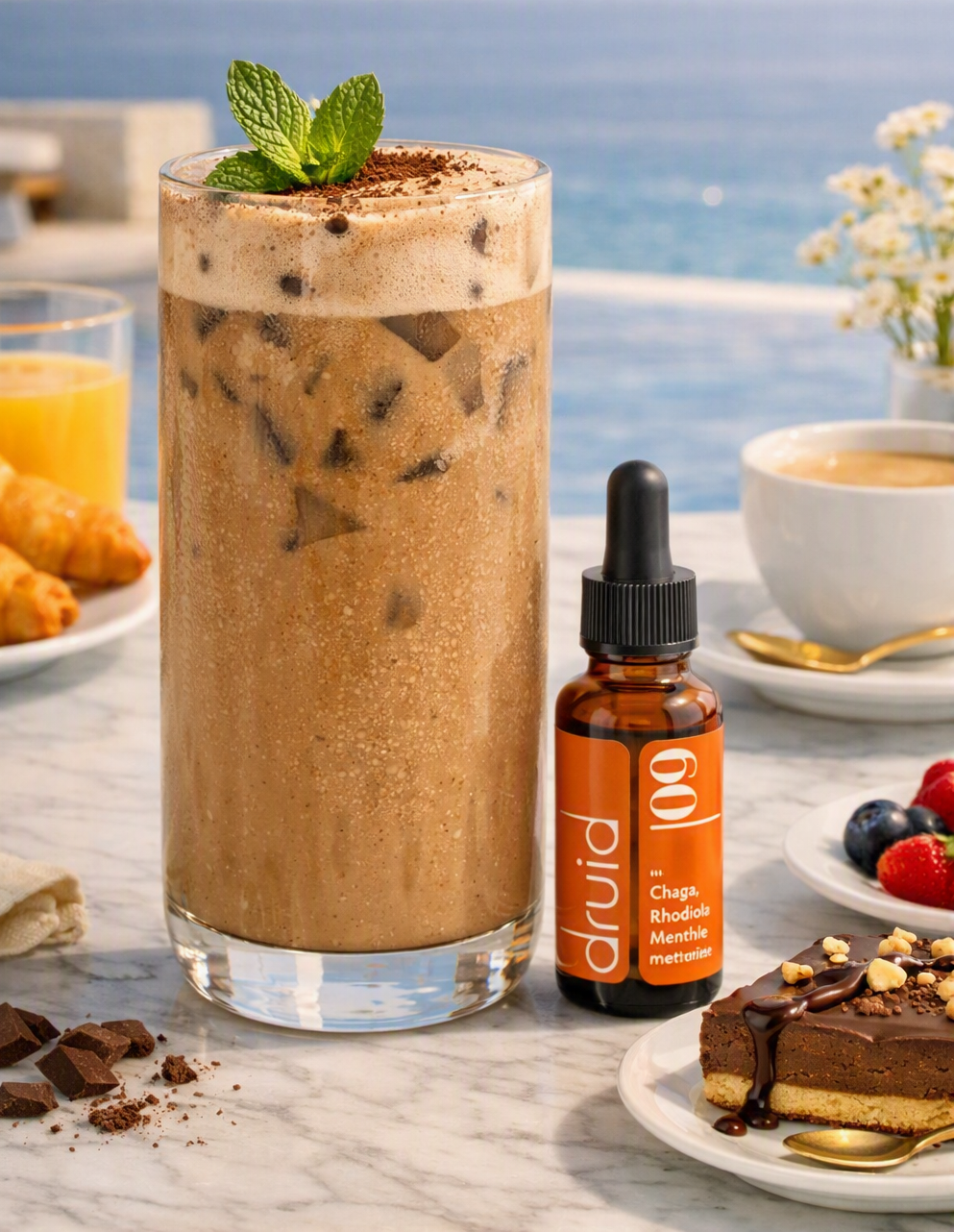 Lait végétal au chocolat avec la fraîcheur de la menthe poivrée et la vitalité naturelle de la Potion 09 Énergie & Motivation. 
