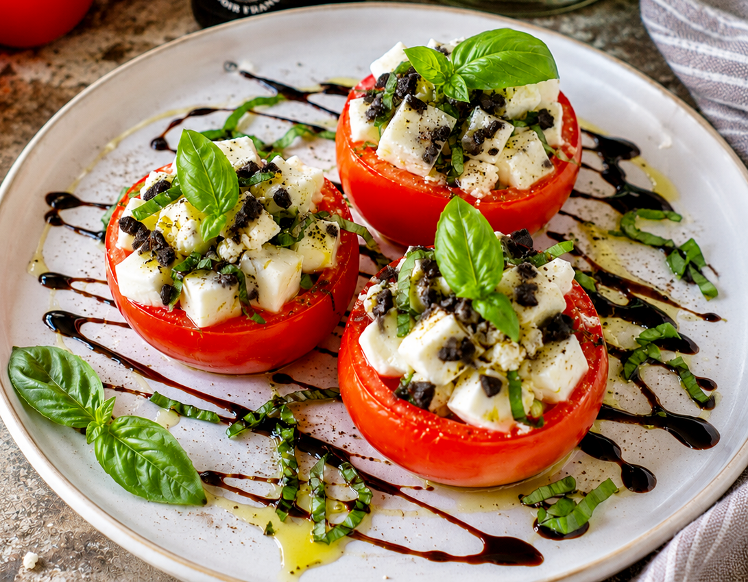 RECETE - tomates farcies façon Caprese, féta ou mozzarella avec de l'ail noir
