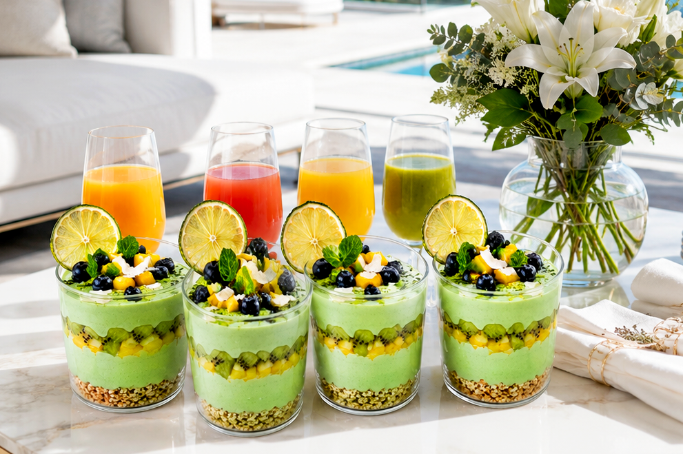 Verrines fraîches skyr, biscuits, fruits & spiruline