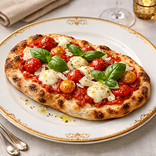 Pinsa tomate‑mozzarella et basilic