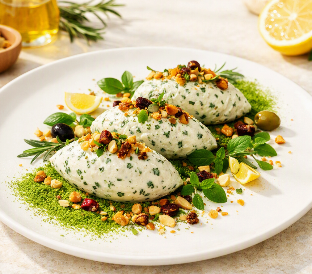 Quenelles de chèvre frais à l'Herbe de Blé & Noisettes torréfiées