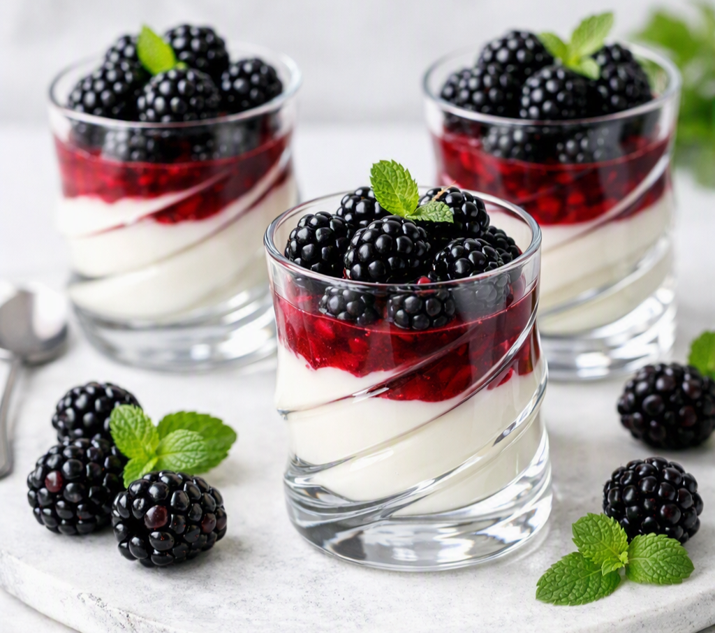 Verrines fromage blanc, miel, fruits rouges et mûres