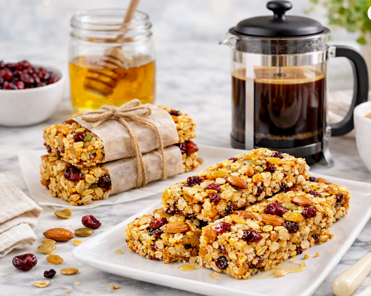 Barres de céréales maison au miel, aux fruits secs, cranberries et aux noix,