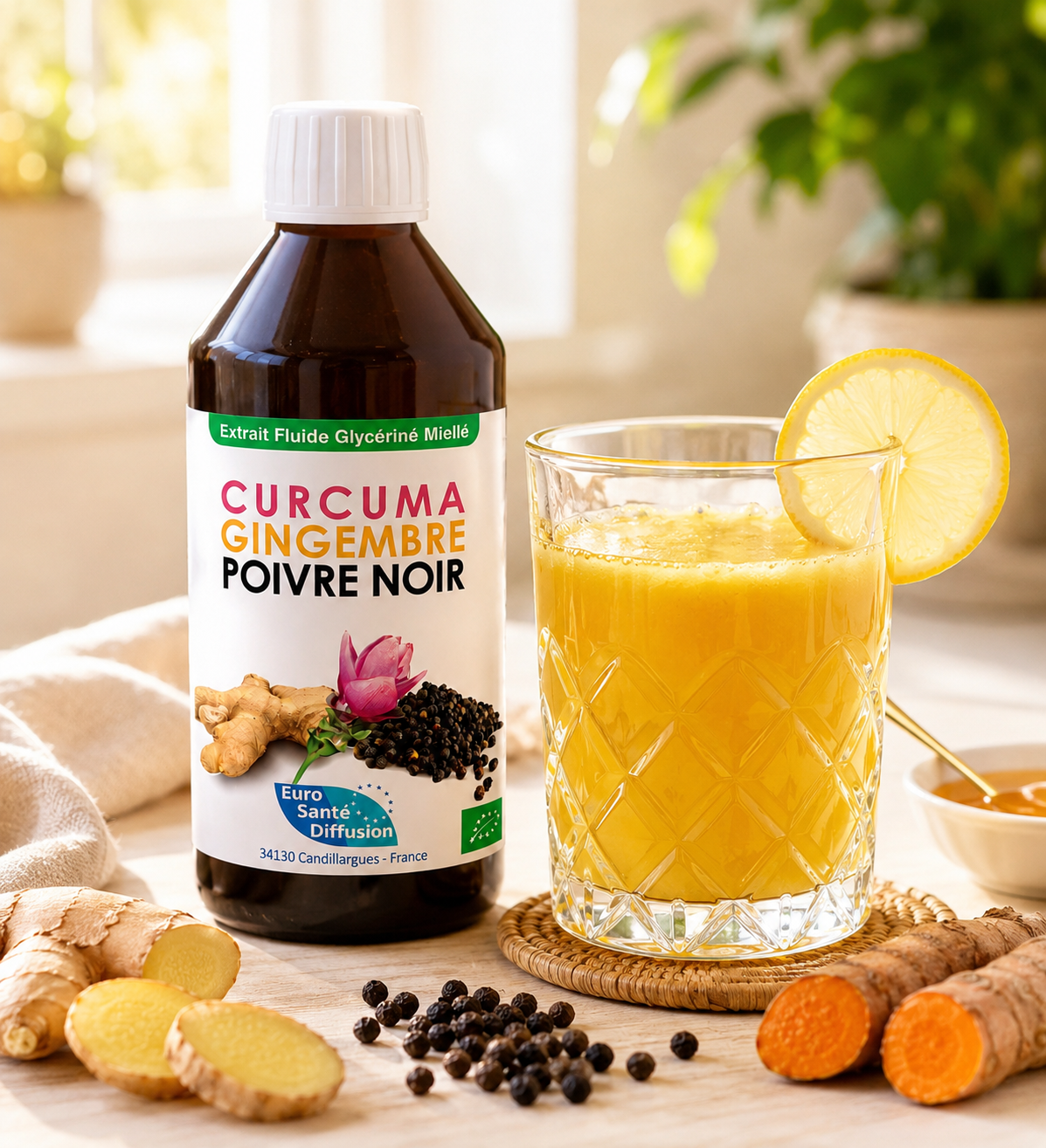  Boisson orange, citron, gingembre, curcuma & poivre noir