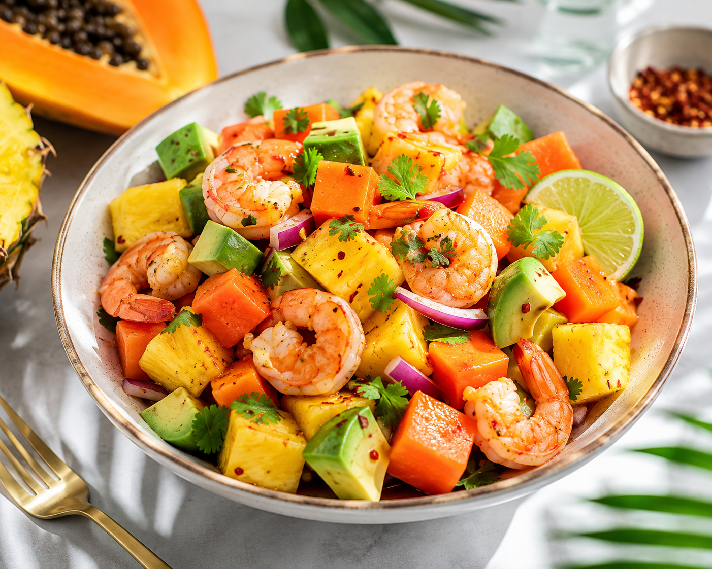 Salade Tropicale Crevettes ananas papaye avocat