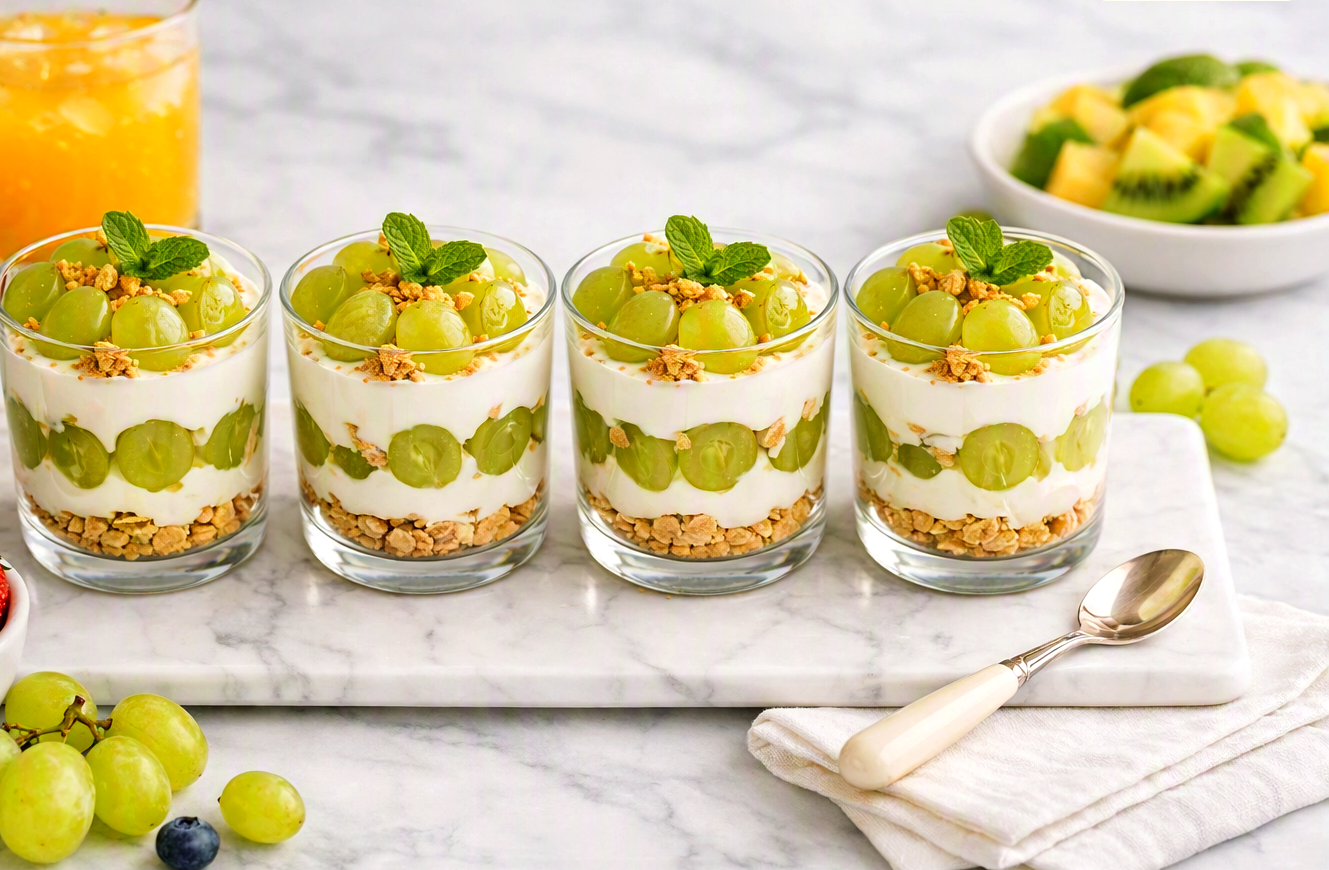 Verrines au raisin, crème vanillée / spéculoos/ muesli fruits secs