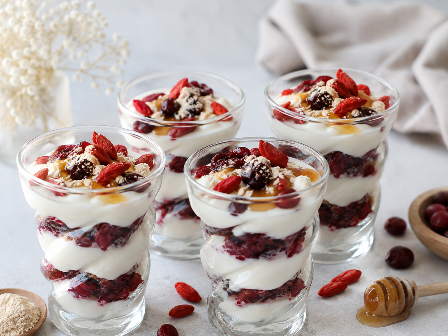Verrines  au skyr, cranberries, baies de goji, baobab et miel