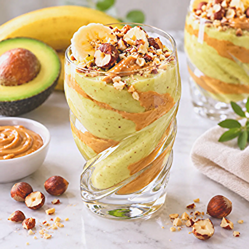 Verrines crème avocat, banane, beurre de cacahuète & noisettes