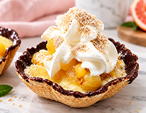 Coupelle tulipe choco, crème pâtissière, fruits et protéine de tournesol