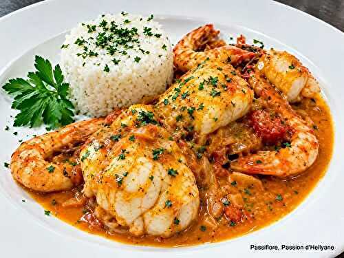 Lotte et gambas ou crevettes à l’armoricaine