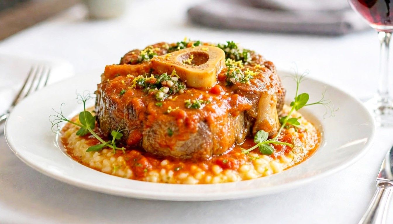 Osso bucco de veau à l’italienne, risotto crémeux au parmesan