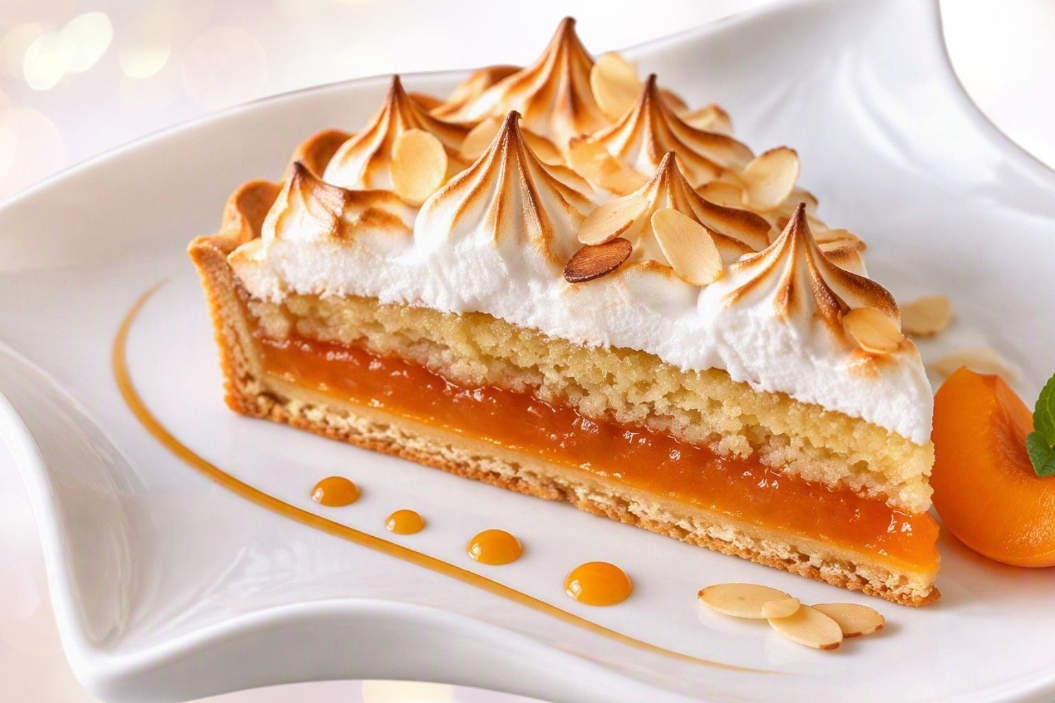 Tarte amandine au citron, confiture d'abricot et meringue,