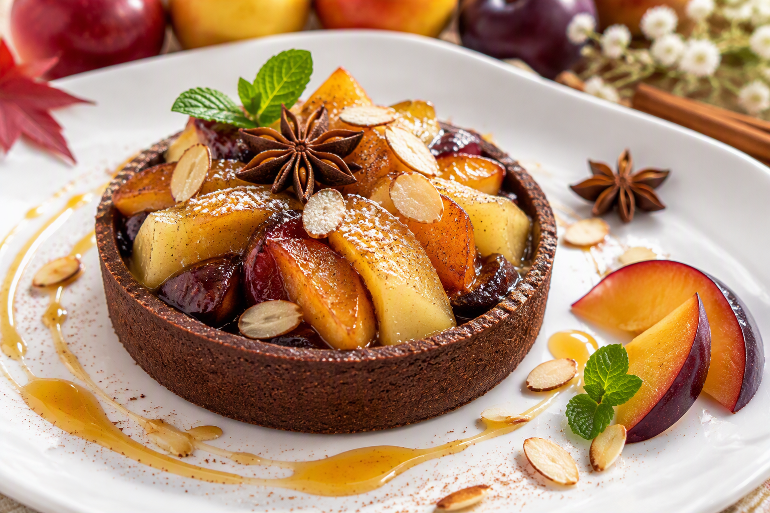 Tartelettes cacao aux pommes, poires, prunes, miel et épices