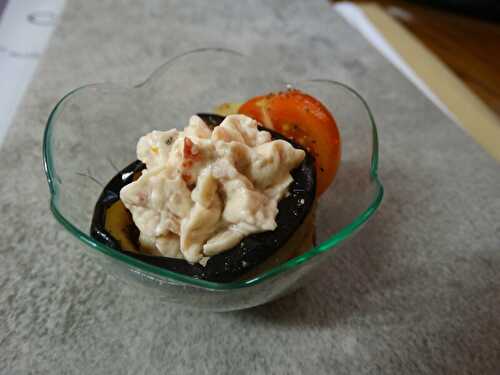 Verrines aubergines , chantilly de mascarpone au jambon et tomates séchées