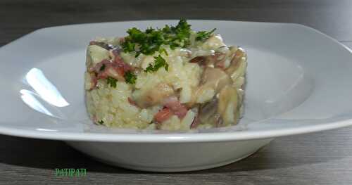 Risotto aux poulet-lardons-champignons légèrement crémé