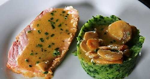 Rôti Ardennais sauce champignons et purée aux épinard