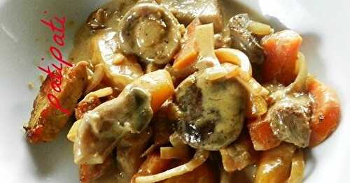 Sauté de veau en lanières accompagné de deux sortes de carottes et champignons des bois crème