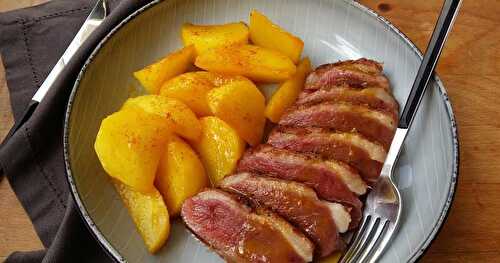 Emincé de magret de canard rôti, navets braisés à l'orange 