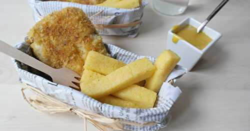 Fish & chips de cabillaud, frites de polenta et mayonnaise miel curry 
