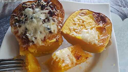 Courge Butternut lardons poireaux oignons et fromage râpé au four