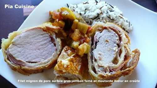 Filet mignon de porc au foie gras jambon fumé et moutarde en croûte