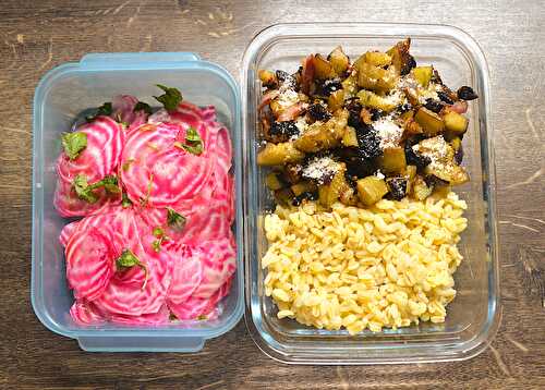 Lunch box: salade de betteraves, aubergine grillée, blé - Pierogi à la Française