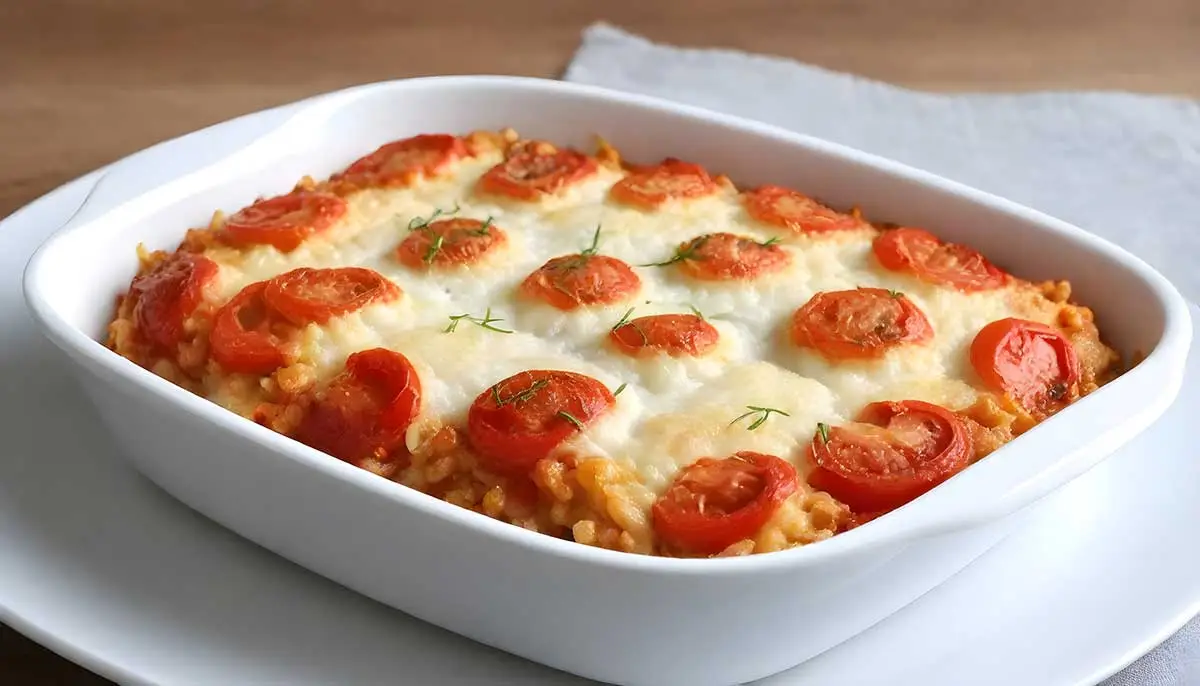 Il vous suffit de quelques ingrédients et 15 minutes pour préparer ce gratin de Riz, Tomates et Mozzarella