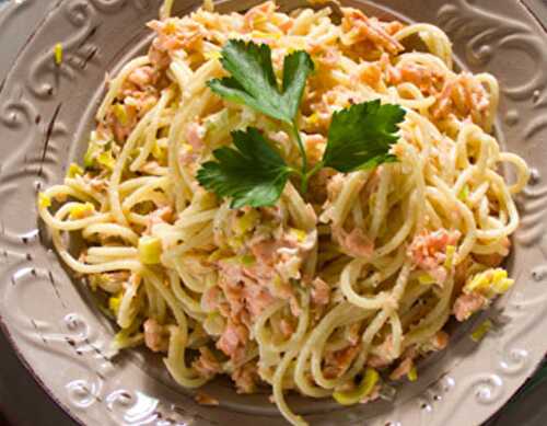 Spaghettis au Saumon et Poireaux