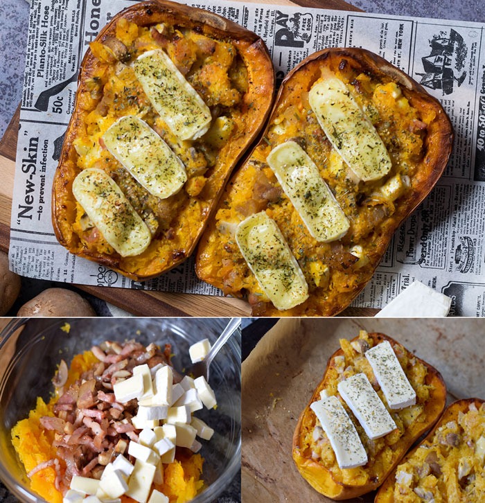 Butternut Farcie au Chèvre Champignons et Lardons