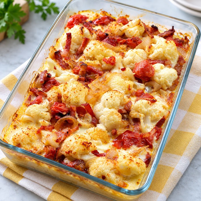 Gratin Léger de Chou-Fleur aux Lardons et Tomates