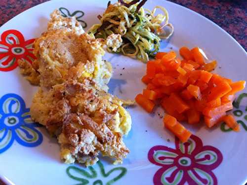 Cabillaud pané à l'amande, dés de carottes fondantes et spaghetti de courgettes grillés