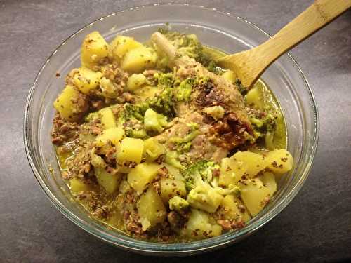 Cuisse de dinde, pommes de terre fondantes et brocolis à la moutarde à l'ancienne